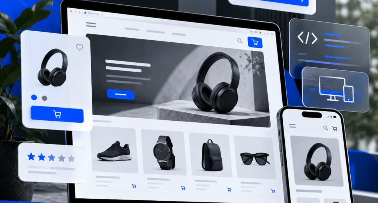 Responsive e-commerce storefront and mobile shopping website design illustration by Smora Digital