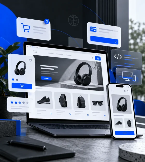 Responsive e-commerce storefront and mobile shopping website design illustration by Smora Digital