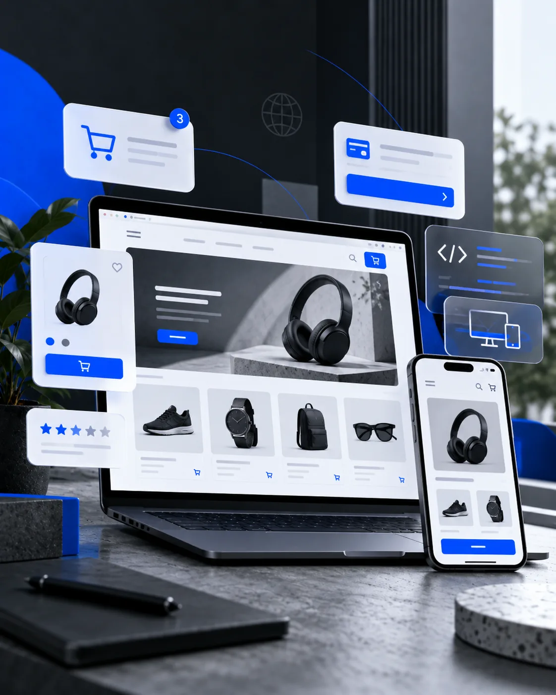 Responsive e-commerce storefront and mobile shopping website design illustration by Smora Digital
