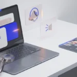 Laptop search advertising interface beside smartphone social media content illustrating paid advertising channels