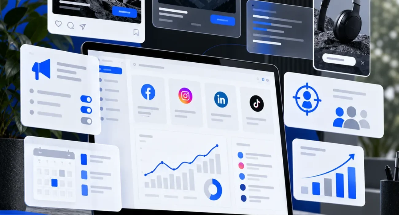 Social media advertising campaign planning and marketing analytics illustration by Smora Digital