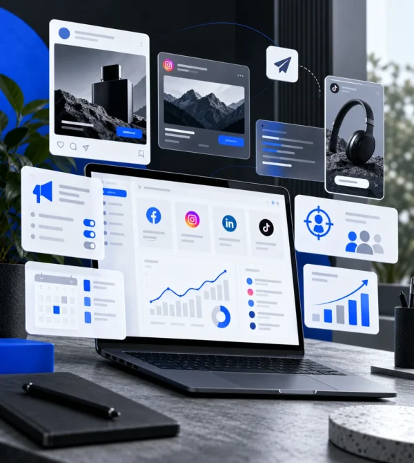 Social media advertising campaign planning and marketing analytics illustration by Smora Digital