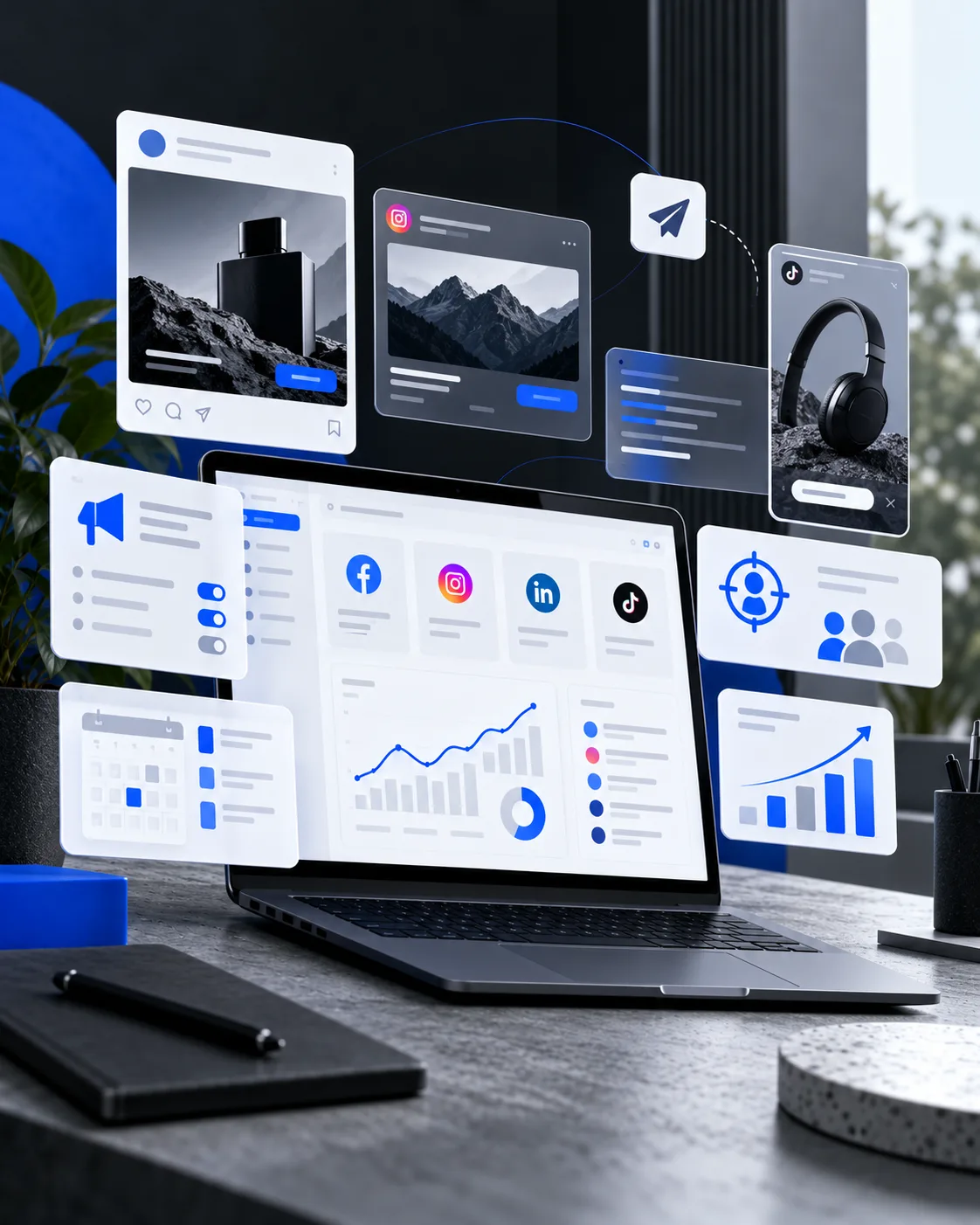 Social media advertising campaign planning and marketing analytics illustration by Smora Digital