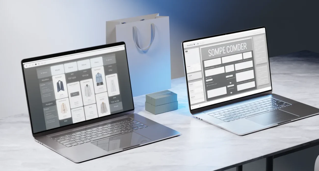 Two laptops illustrating an online store and website editor for a Shopify versus WordPress comparison