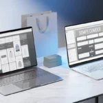 Two laptops illustrating an online store and website editor for a Shopify versus WordPress comparison
